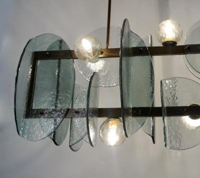  Cosulich Interiors Antiques Italian Modern Fontana Arte Style Aqua Murano Glass Geometric Bronze Chandelier