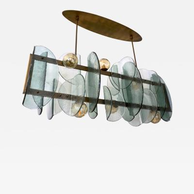  Cosulich Interiors Antiques Italian Modern Fontana Arte Style Aqua Murano Glass Geometric Bronze Chandelier