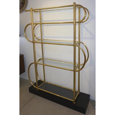  Cosulich Interiors Antiques Italian Modern Gold Brass Tubular Shelving Unit tag re on Black Lacquered Base