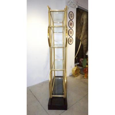  Cosulich Interiors Antiques Italian Modern Gold Brass Tubular Shelving Unit tag re on Black Lacquered Base