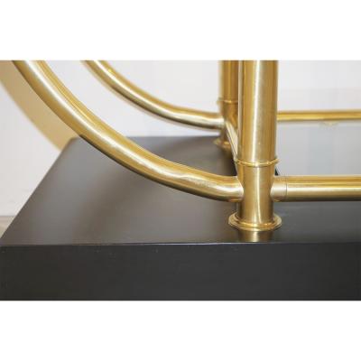  Cosulich Interiors Antiques Italian Modern Gold Brass Tubular Shelving Unit tag re on Black Lacquered Base