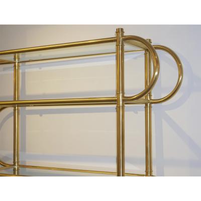  Cosulich Interiors Antiques Italian Modern Gold Brass Tubular Shelving Unit tag re on Black Lacquered Base