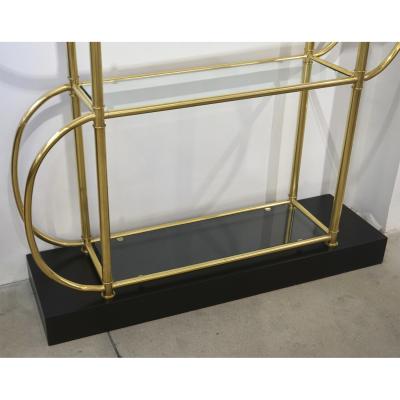  Cosulich Interiors Antiques Italian Modern Gold Brass Tubular Shelving Unit tag re on Black Lacquered Base