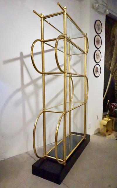  Cosulich Interiors Antiques Italian Modern Gold Brass Tubular Shelving Unit tag re on Black Lacquered Base
