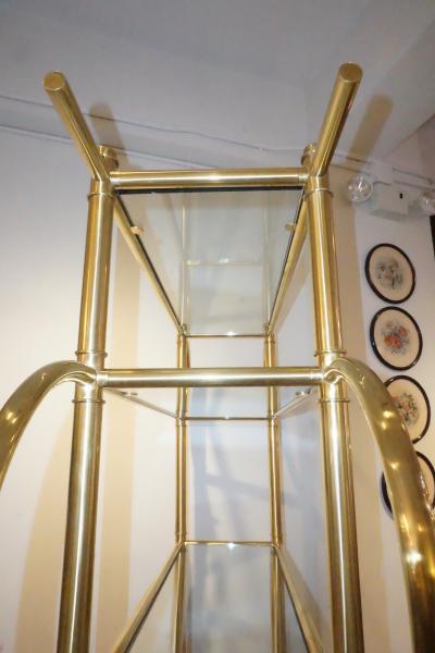  Cosulich Interiors Antiques Italian Modern Gold Brass Tubular Shelving Unit tag re on Black Lacquered Base