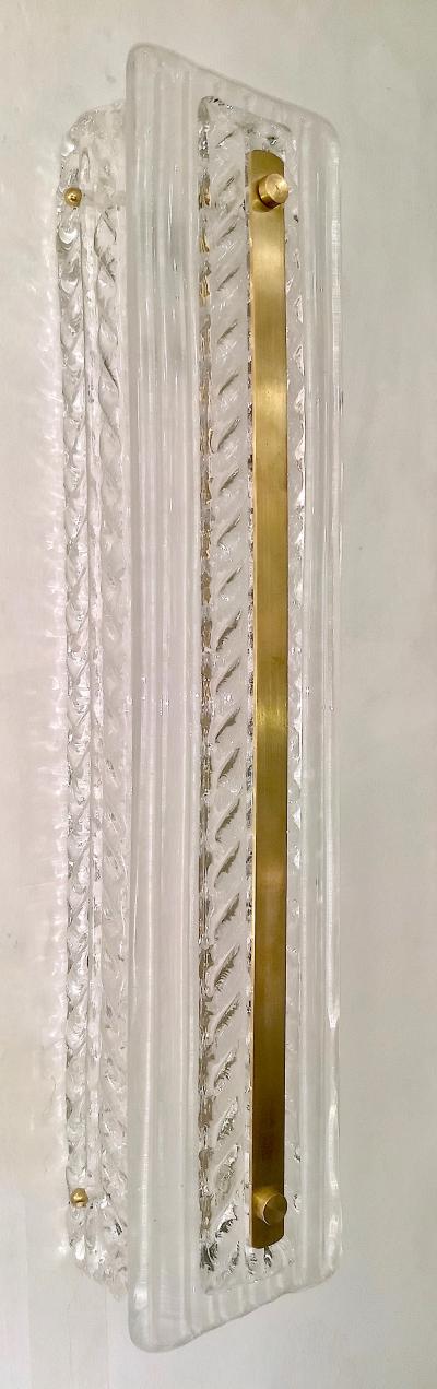  Cosulich Interiors Antiques Italian Modern Pair of Tall White and Crystal Clear Leaf Textured Murano Sconces