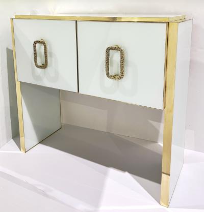  Cosulich Interiors Antiques Modern Italian Custom Design Brass Edged Ivory White 2 Door Cabinet Bar