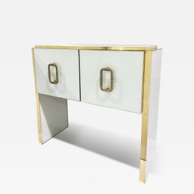  Cosulich Interiors Antiques Modern Italian Custom Design Brass Edged Ivory White 2 Door Cabinet Bar