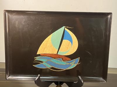  Couroc of Monterey MID CENTURY COLORFUL INLAID WOOD AND BRASS SAILBOAT TRAY
