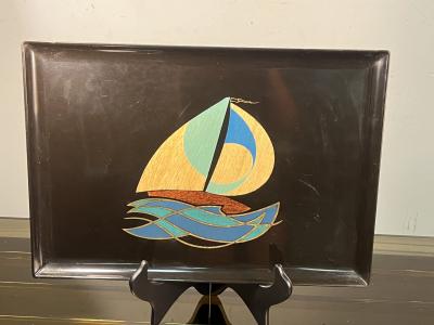  Couroc of Monterey MID CENTURY COLORFUL INLAID WOOD AND BRASS SAILBOAT TRAY