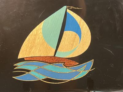  Couroc of Monterey MID CENTURY COLORFUL INLAID WOOD AND BRASS SAILBOAT TRAY