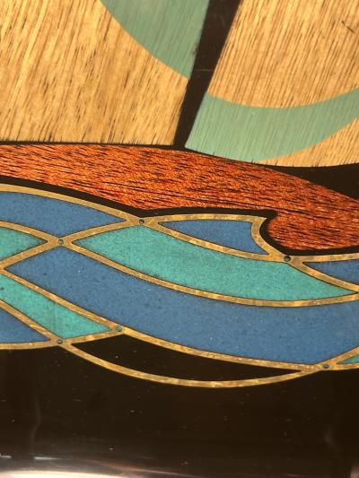  Couroc of Monterey MID CENTURY COLORFUL INLAID WOOD AND BRASS SAILBOAT TRAY