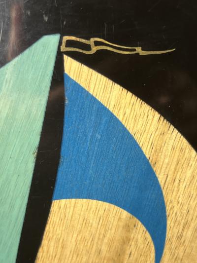 Couroc of Monterey MID CENTURY COLORFUL INLAID WOOD AND BRASS SAILBOAT TRAY