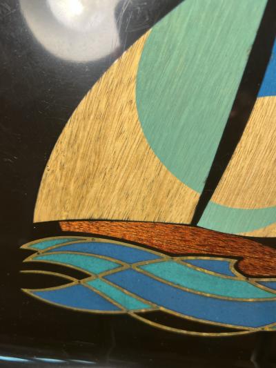  Couroc of Monterey MID CENTURY COLORFUL INLAID WOOD AND BRASS SAILBOAT TRAY