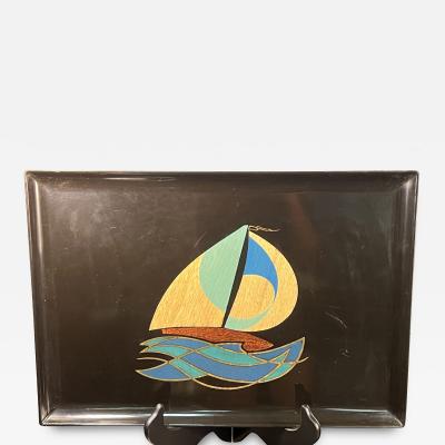  Couroc of Monterey MID CENTURY COLORFUL INLAID WOOD AND BRASS SAILBOAT TRAY