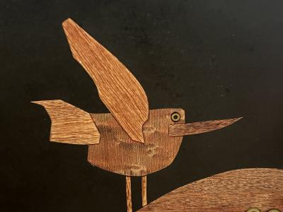  Couroc of Monterey MID CENTURY INLAID WOODS AND BRASS WHALE BIRD AND SUN TRAY