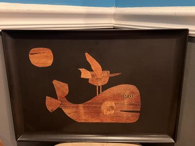  Couroc of Monterey MID CENTURY INLAID WOODS AND BRASS WHALE BIRD AND SUN TRAY