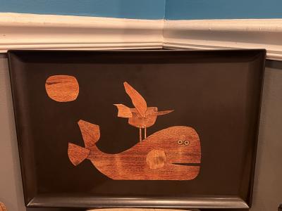  Couroc of Monterey MID CENTURY INLAID WOODS AND BRASS WHALE BIRD AND SUN TRAY