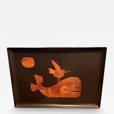 Couroc of Monterey Vintage Black Tray Red Cardinal-gold Pine Bough Art/tray  