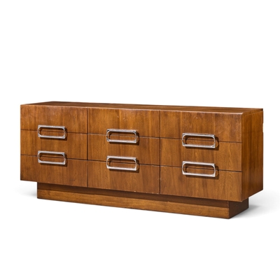  Craft Associates Craft Associates Mid Century Walnut and Chrome 9 Drawer Lowboy Dresser