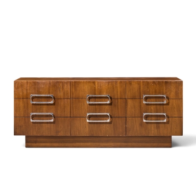  Craft Associates Craft Associates Mid Century Walnut and Chrome 9 Drawer Lowboy Dresser