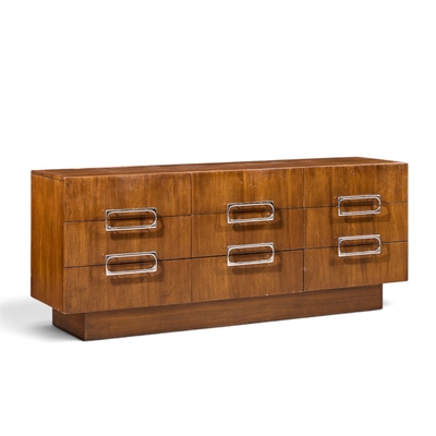  Craft Associates Craft Associates Mid Century Walnut and Chrome 9 Drawer Lowboy Dresser