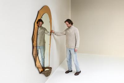  Cristal Art Large Mirror in Amber Glass and Metal by Cristal Art Italy 1960s