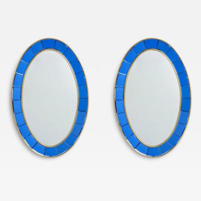  Cristal Art Rare Pair of Oval Blue Hand Cut Beveled Glass Mirrors by Cristal Art