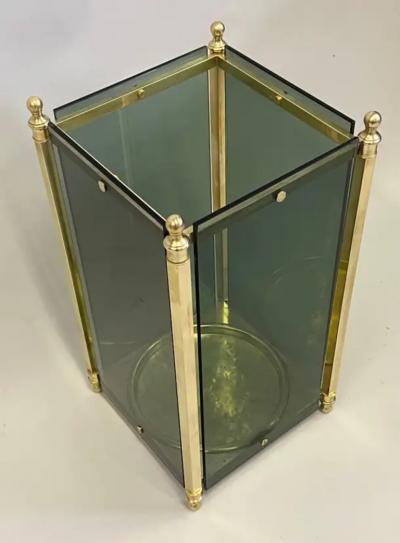  Cristal Arte Italian Modern Neoclassical Brass Green Glass Umbrella Stand by Fontana Arte