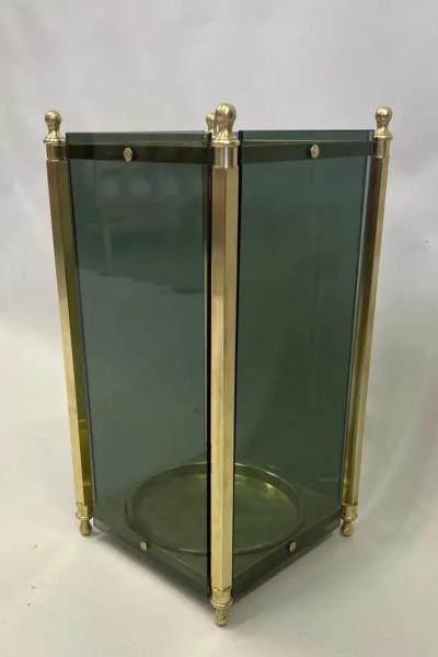  Cristal Arte Italian Modern Neoclassical Brass Green Glass Umbrella Stand by Fontana Arte