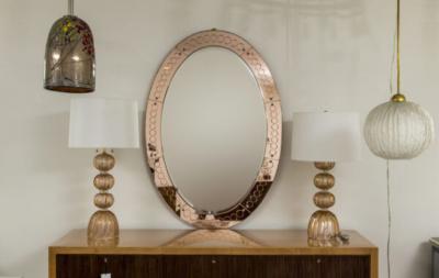  Cristal Arte Large Italian Mid Century Oval Etched Mirror By Cristale Arte