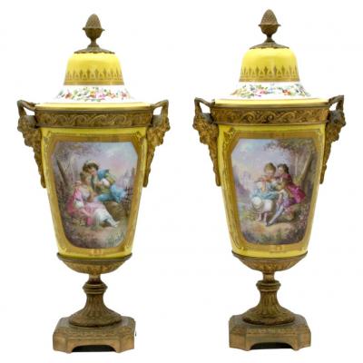  Cristalleries De Sevres Bronze Mounted Porcelain Pair Covered Urns