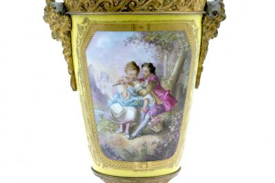  Cristalleries De Sevres Bronze Mounted Porcelain Pair Covered Urns