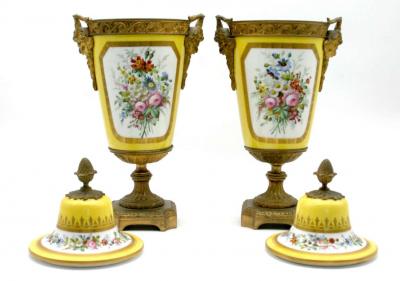 Cristalleries De Sevres Bronze Mounted Porcelain Pair Covered Urns