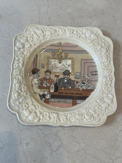  Crown Ducal ART DECO ENGLISH CERAMIC PLATE OF BAR SCENE ONE ON THE HOUSE BY CROWN DUCAL