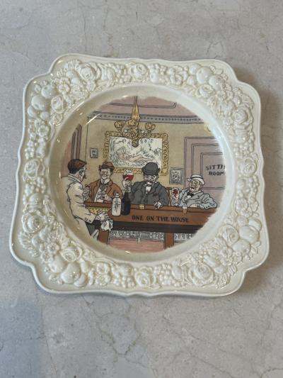  Crown Ducal ART DECO ENGLISH CERAMIC PLATE OF BAR SCENE ONE ON THE HOUSE BY CROWN DUCAL