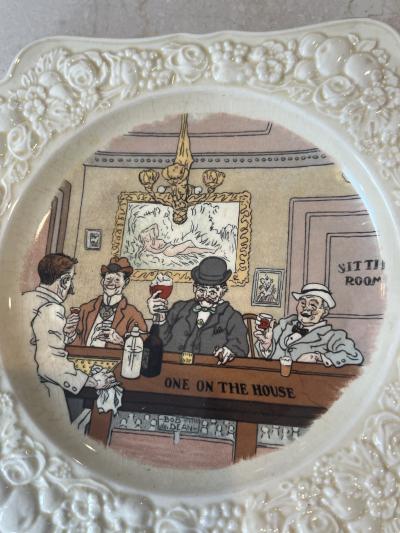  Crown Ducal ART DECO ENGLISH CERAMIC PLATE OF BAR SCENE ONE ON THE HOUSE BY CROWN DUCAL