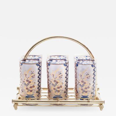  Culver Ltd 22 Karat Gold Chinoiserie Themed Tumbler Glasses Brass Bamboo Caddy c 1960s
