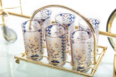  Culver Ltd 22 Karat Gold Chinoiserie Themed Tumbler Glasses Brass Bamboo Caddy c 1960s