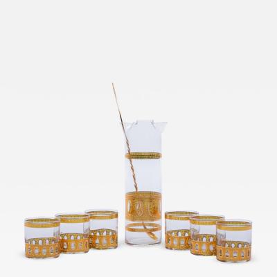  Culver Ltd Mid Century Modern 22 Karat Gold Cocktail Mixer and Six 4 oz Glasses Set