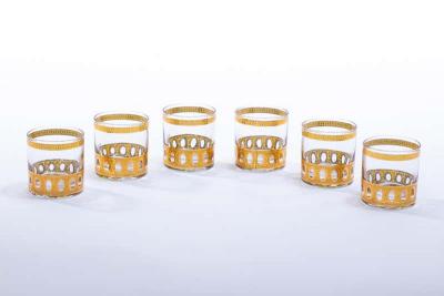  Culver Ltd Mid Century Modern 22 Karat Gold Cocktail Mixer and Six 4 oz Glasses Set