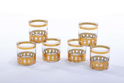  Culver Ltd Mid Century Modern 22 Karat Gold Cocktail Mixer and Six 4 oz Glasses Set