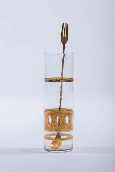  Culver Ltd Mid Century Modern 22 Karat Gold Cocktail Mixer and Six 4 oz Glasses Set