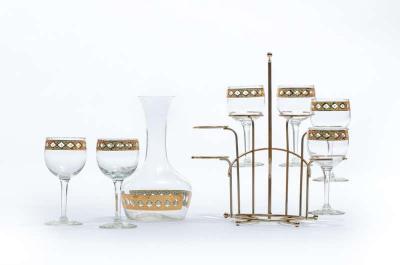  Culver Ltd Mid Century Modern 22 Karat Gold Moroccan Decanter and Wine Glasses Set c 1965