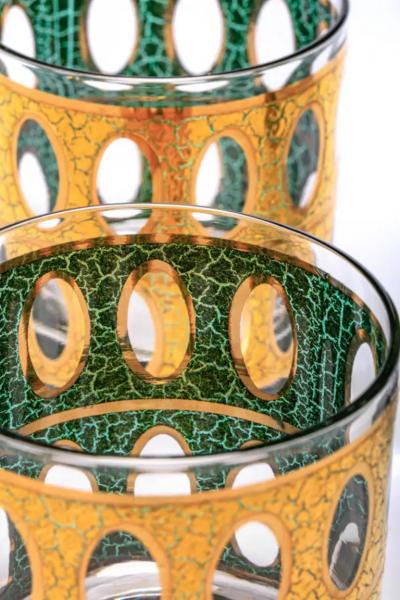  Culver Ltd Mid Century Modern 22K Gold Cocktail Mixer and Set of 6 Rocks Glasses c 1965