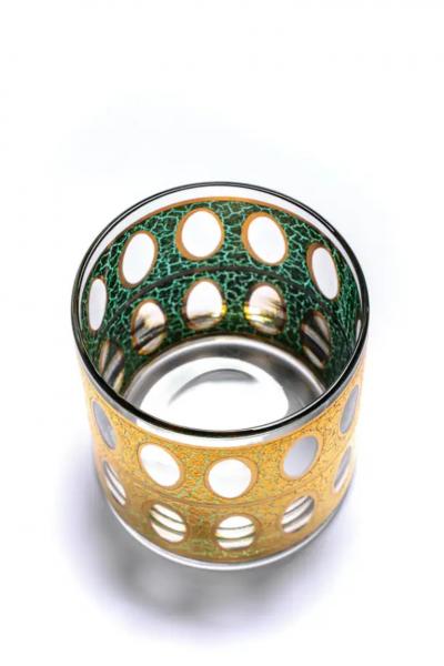  Culver Ltd Mid Century Modern 22K Gold Cocktail Mixer and Set of 6 Rocks Glasses c 1965