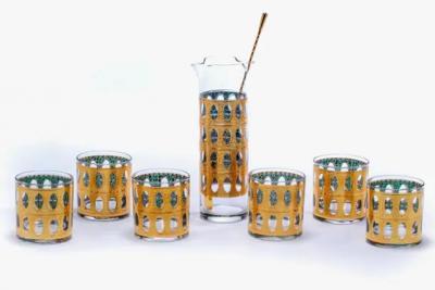  Culver Ltd Mid Century Modern 22K Gold Cocktail Mixer and Set of 6 Rocks Glasses c 1965