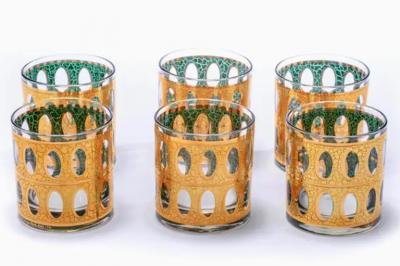  Culver Ltd Mid Century Modern 22K Gold Cocktail Mixer and Set of 6 Rocks Glasses c 1965