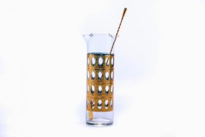  Culver Ltd Mid Century Modern Culver Gold Plated Cocktail Mixer Rocks Glasses Set c 1965