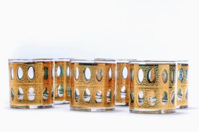  Culver Ltd Mid Century Modern Culver Gold Plated Cocktail Mixer Rocks Glasses Set c 1965